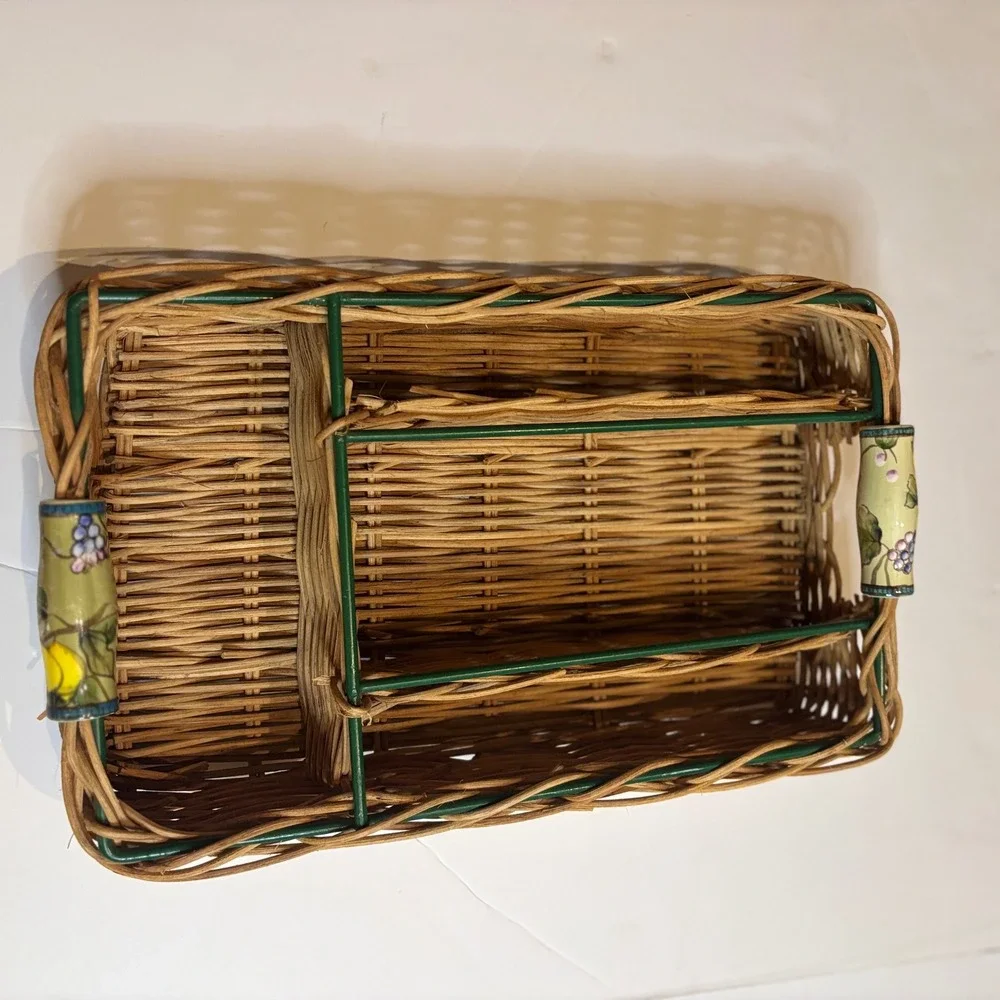 Wicker Utensil Caddy Green Ceramic Handles 4 Compartments Picnic Cottagecore